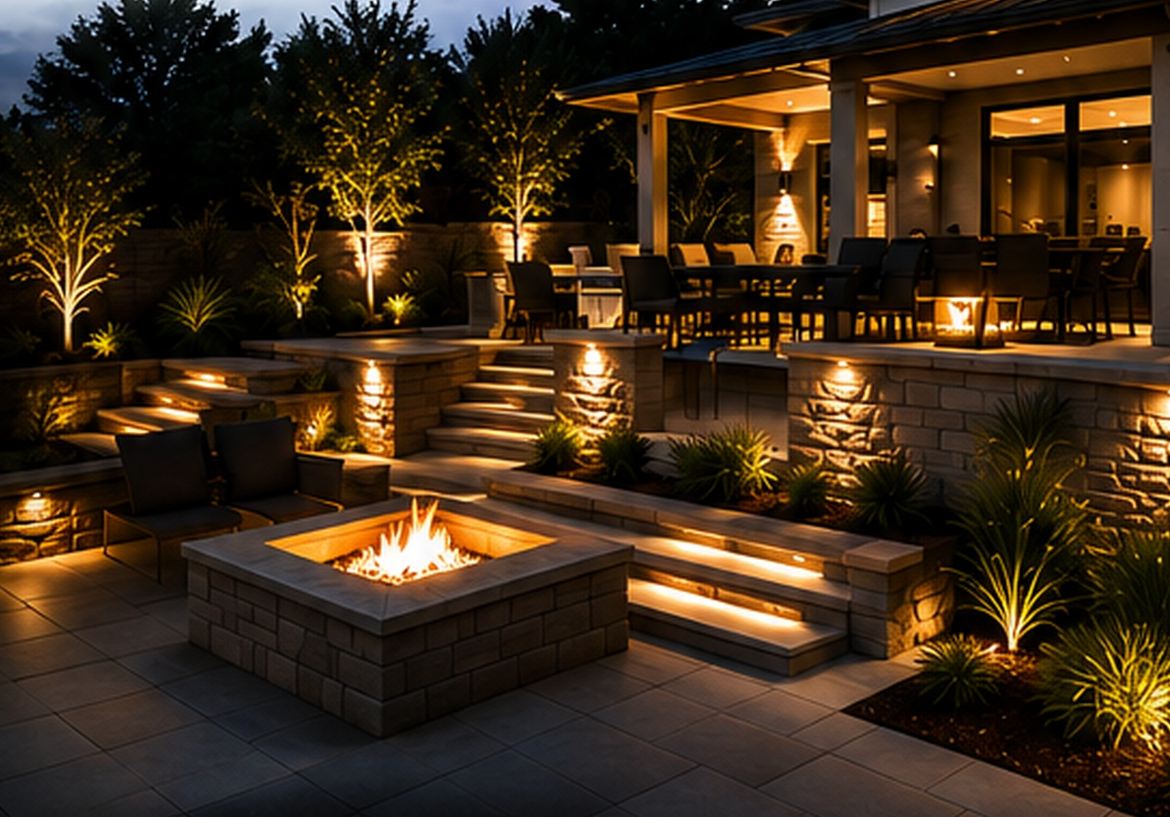 Backyard patio with fire pit, retaining walls, and landscape lighting at dusk