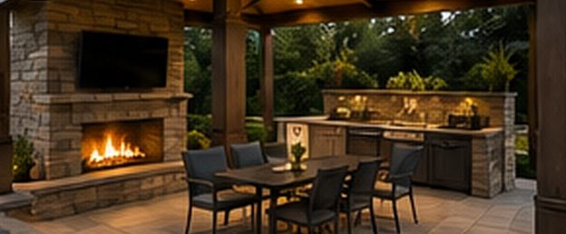 Covered outdoor kitchen and fireplace