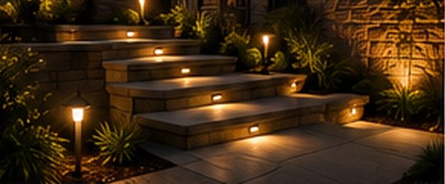 Stone steps lit by landscape accent lighting at night