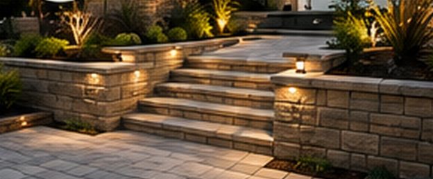 Paver steps and patio with low-voltage lighting